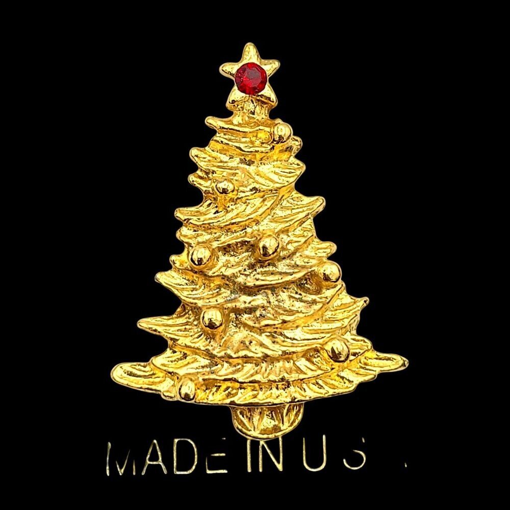 Christmas Tree Gold Tone Metal Lapel Pin 1" Red Gem Accent Made In U.S.A NEW